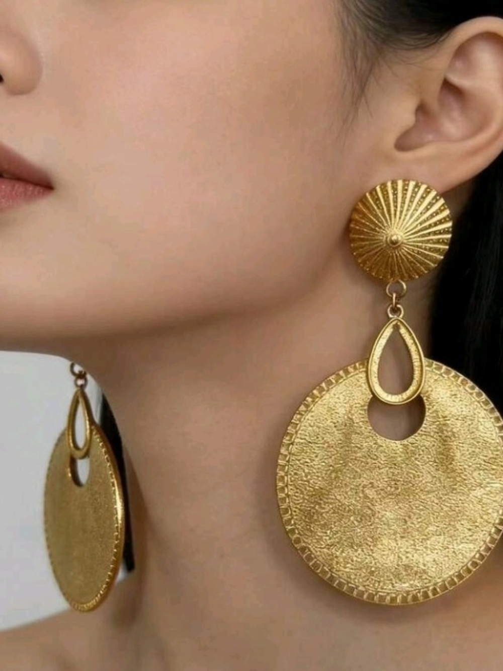 Statement Gold Textured Double-Drop Disc Earrings